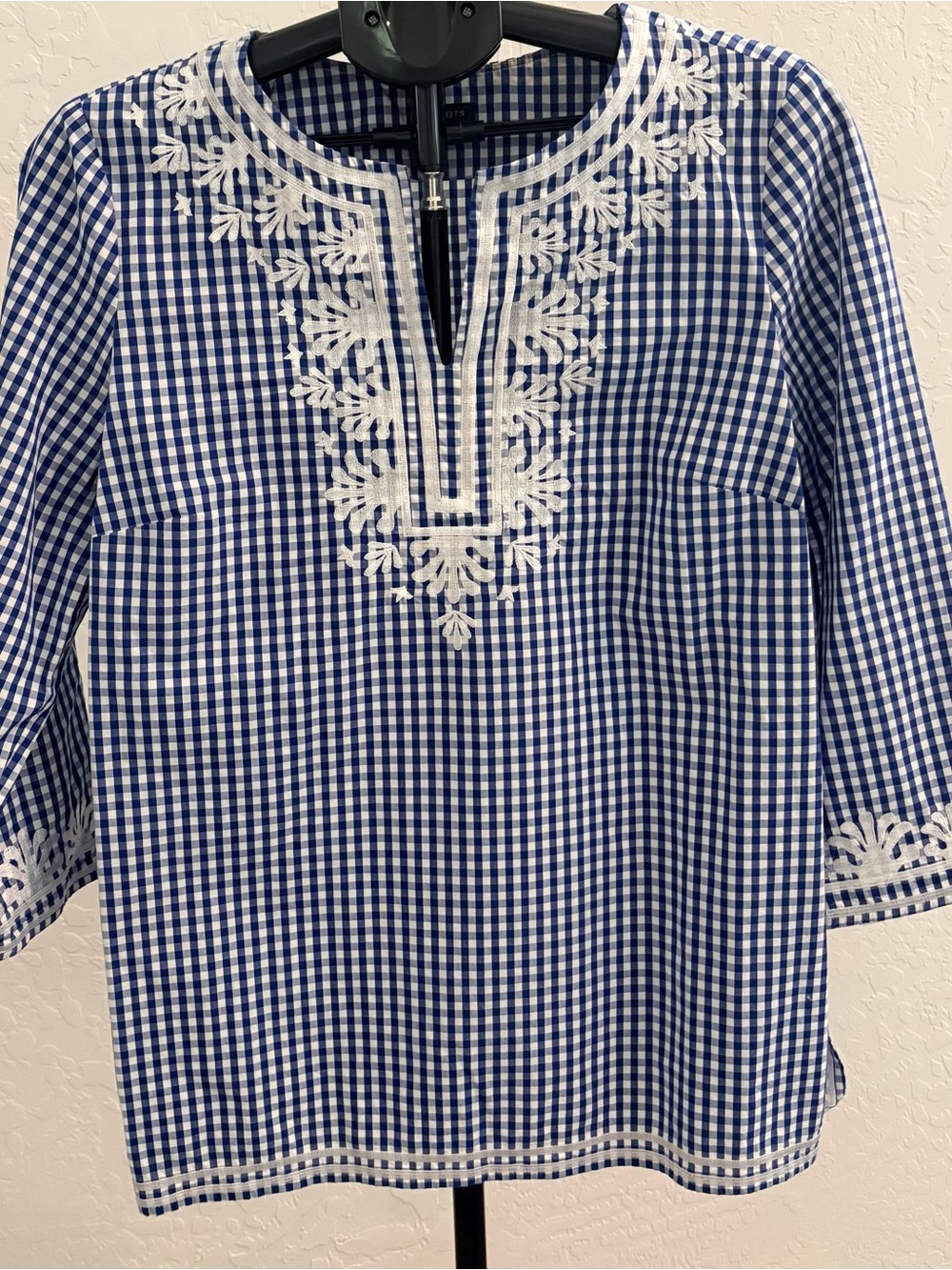 Talbots Blue and White Gingham Embroidered Tunic
